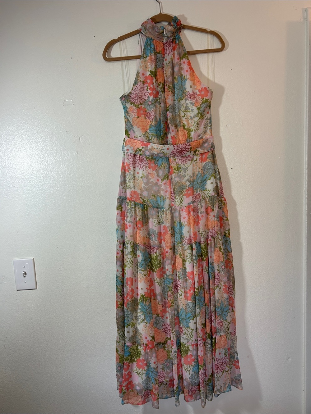 Taylor Floral Halter Maxi Dress in Pastel Pink, Blue & Green - Picture 3 of 4